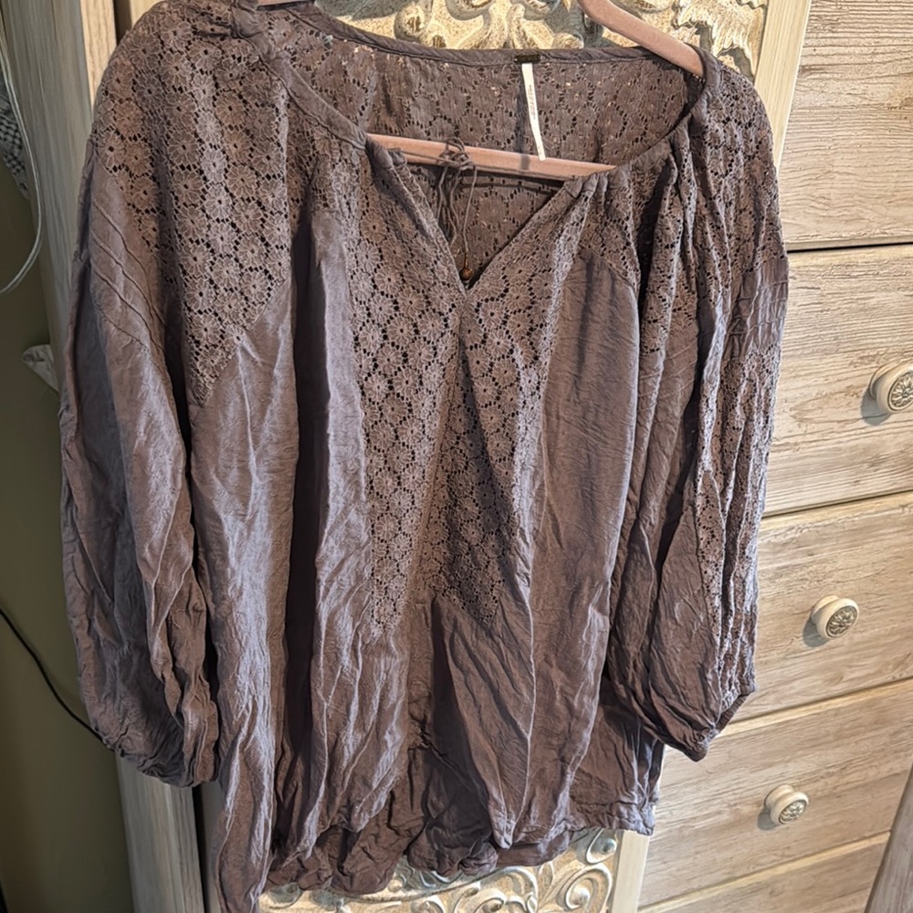 Free People Brown Tan Relaxed Embellished Blouse